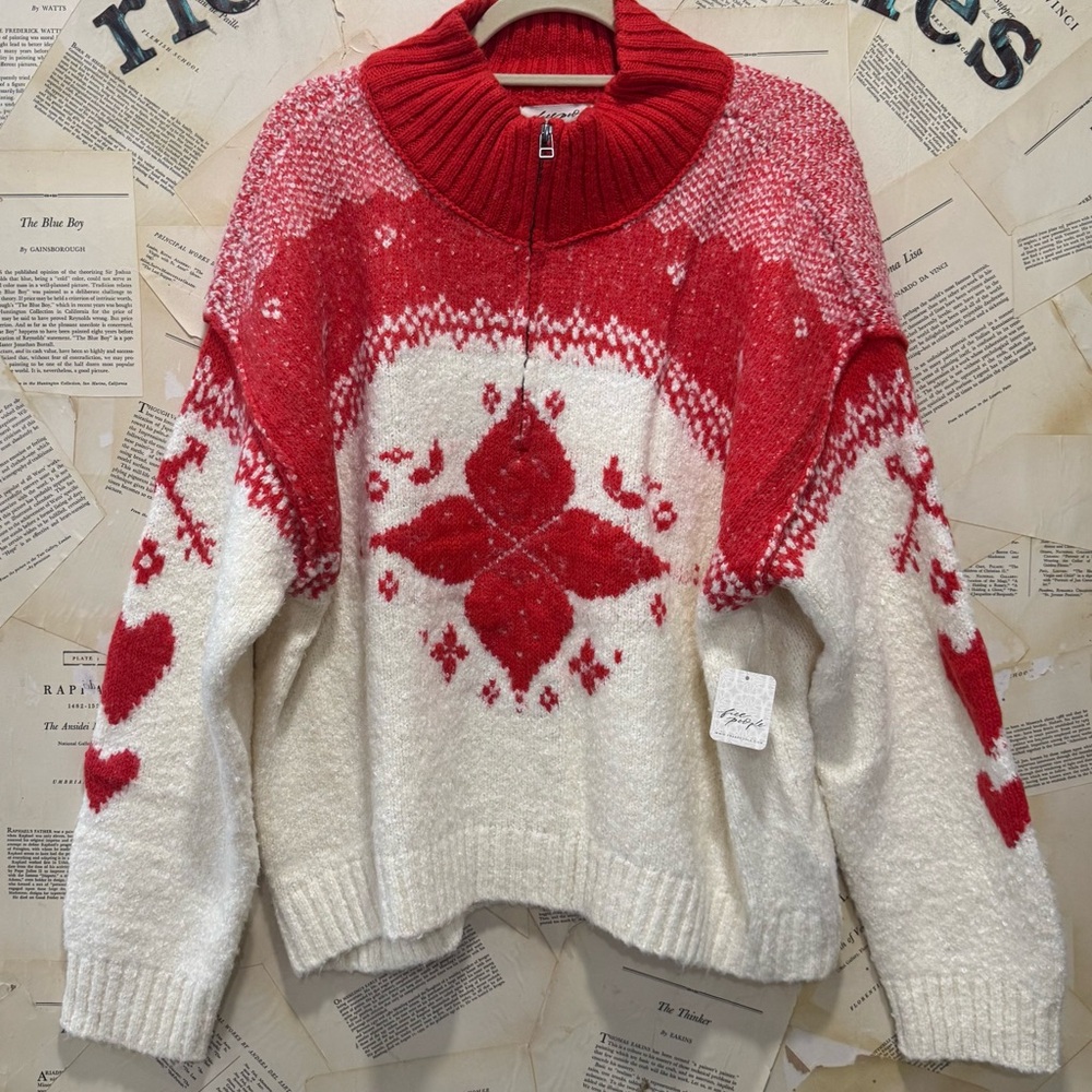 Free People Mythical Knit Sweater Printed Hearts Mix Rib Trim Zip Vanilla Red - Picture 6 of 7